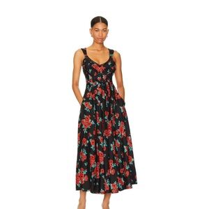 Free People Black and Red Floral Midi Dress